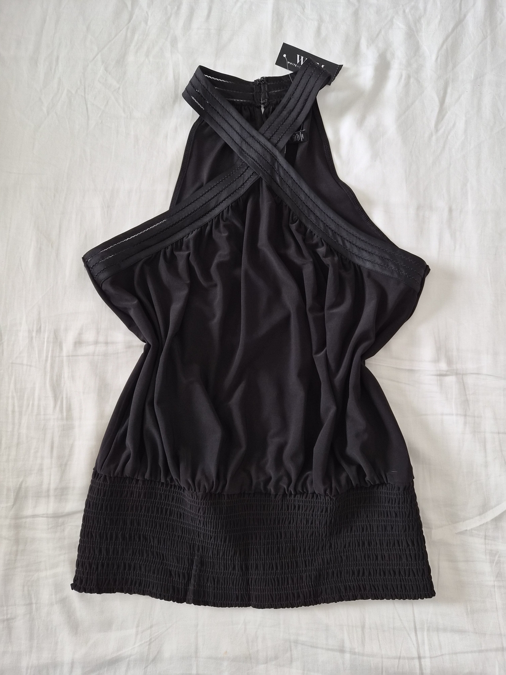 NWT White House Black Market Black Cross-Back Blouson Top
